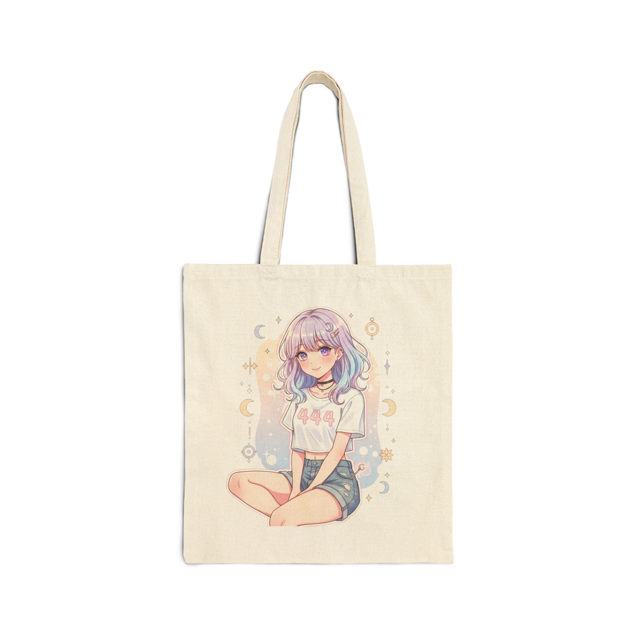 Pastel Anime Girl Illustration Tote Bag | Cute Kawaii Character, Moon Stars - Midnight Solstice Occult Shop