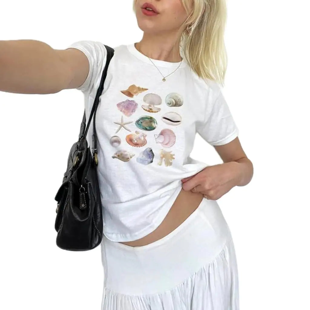 Women’s Baby Tee Y2k Crop Top Fruit Graphic Print Retro Vintage Aesthetic Short Sleeve Slim Fit Top T Shirt - Midnight Solstice Occult Shop
