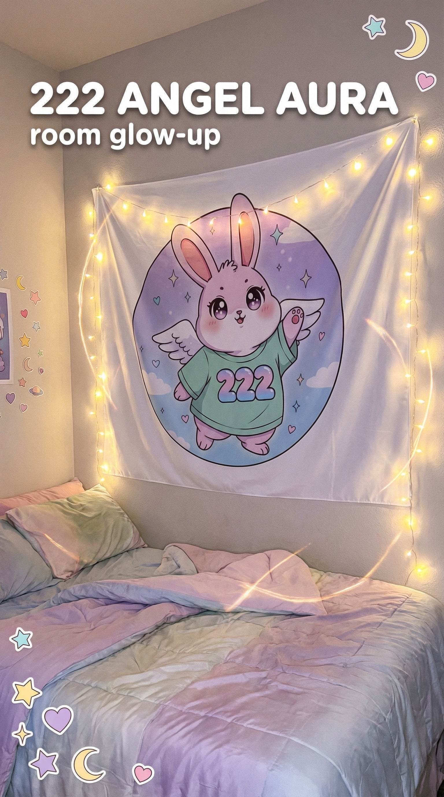 Kawaii Angel Bunny 222 Indoor Wall Tapestry | Pastel Clouds, Cute Rabbit