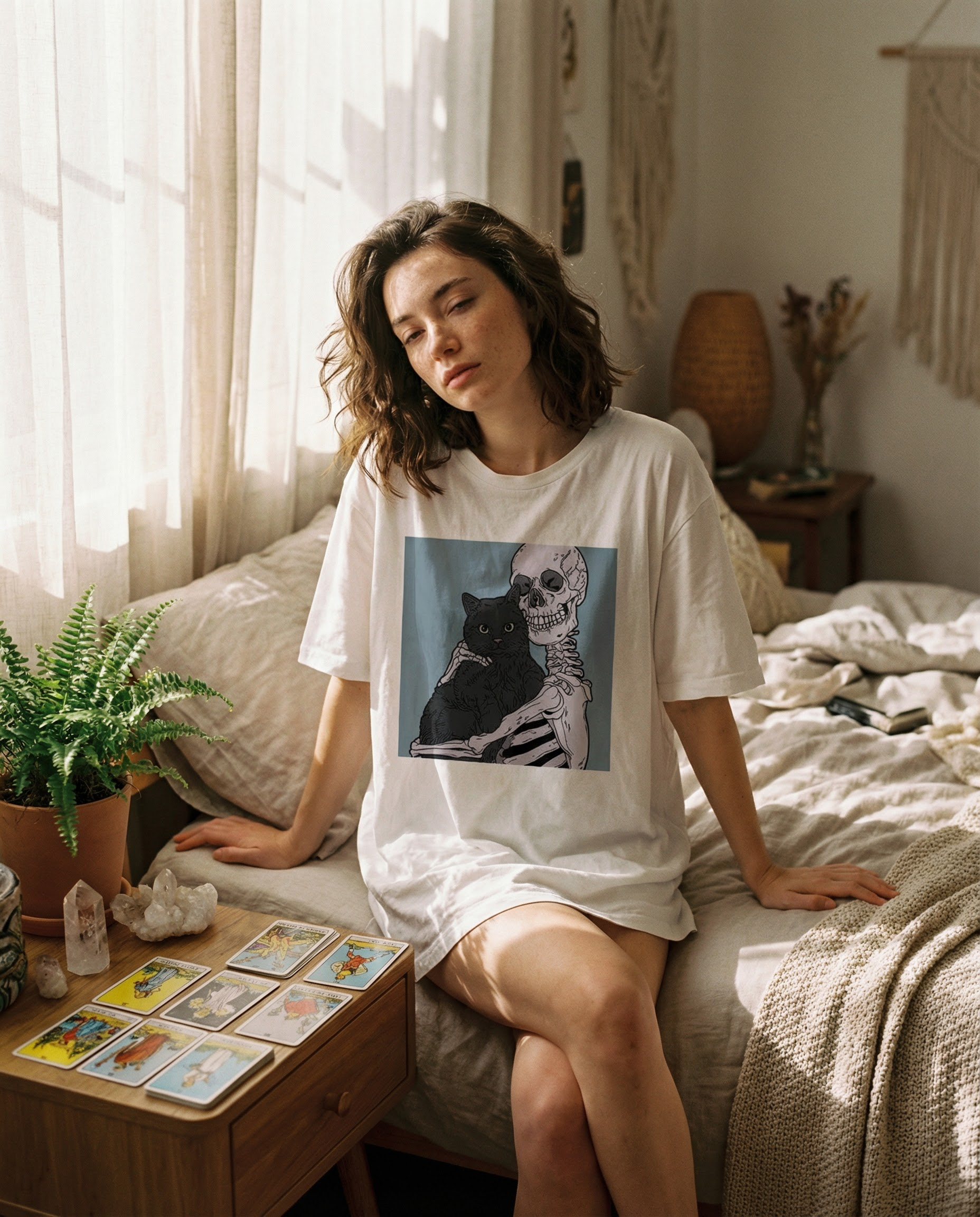 Skull Cat Graphic Tee | Gothic Witch Aesthetic Soft Cotton Vintage T-Shirt | Alt Streetwear Unisex Top