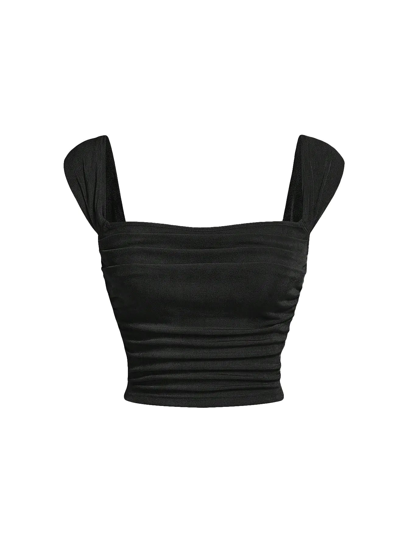 Womens Y2K Ruched Square Neck Wide Straps Sleeveless Cami Crop Top Black Medium