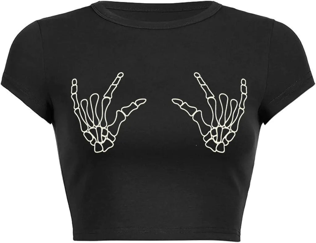 Woxlcia Skull Finger Black Baby Tee y2k Graphic Crop Tops for Teen Halloween Top Black M - Midnight Solstice Occult Shop