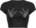 Woxlcia Skull Finger Black Baby Tee y2k Graphic Crop Tops for Teen Halloween Top Black M - Midnight Solstice Occult Shop