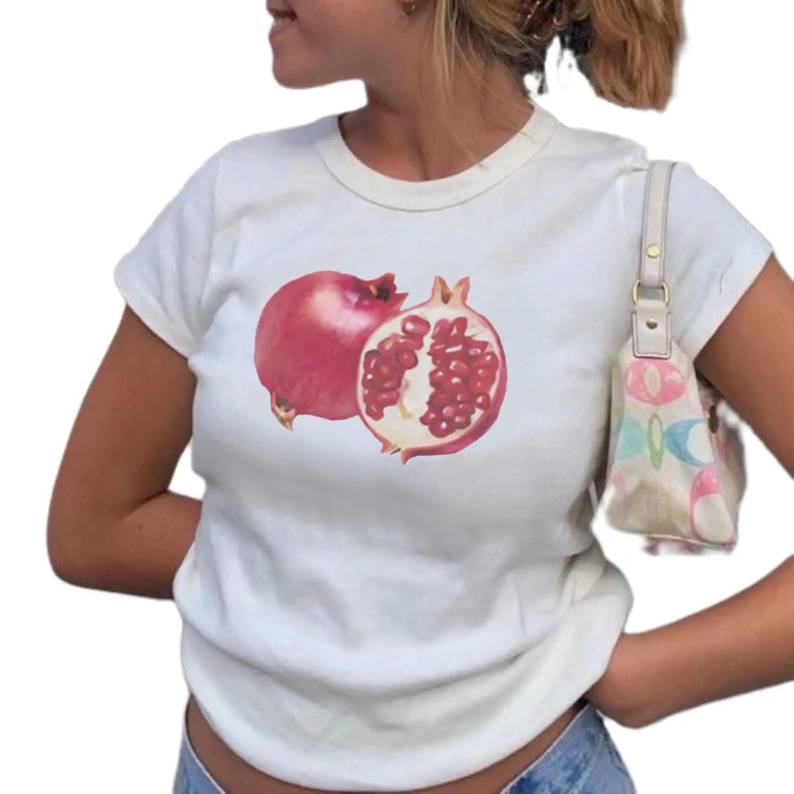 Womens Y2k Graphic Crop Tops Fairy Grunge Short Sleeve Baby Tee Teen Girls Cute Crew Neck Shirt Retro Aesthetic (White Fruit Pomegranate M) - Midnight Solstice Occult Shop